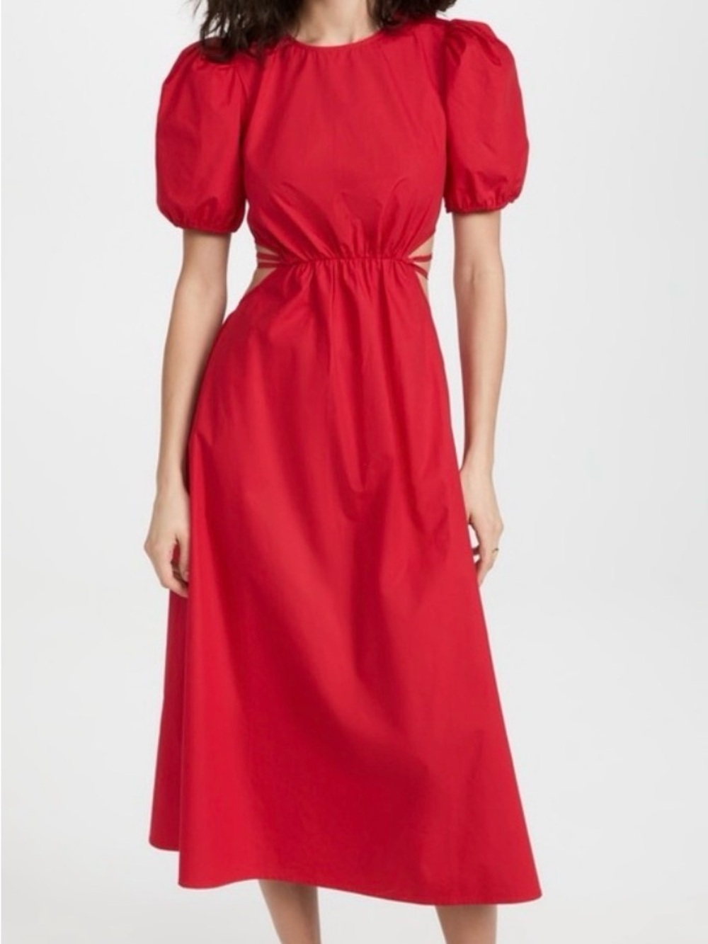 Zara Red Puff-Sleeve Midi Dress with Cutout Waist Size M
